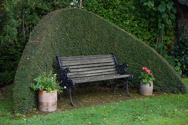 Viejo banco de madera vintage con patas de hierro fundido en un jardín de verano verde. diseño del paisaje — Foto de Stock