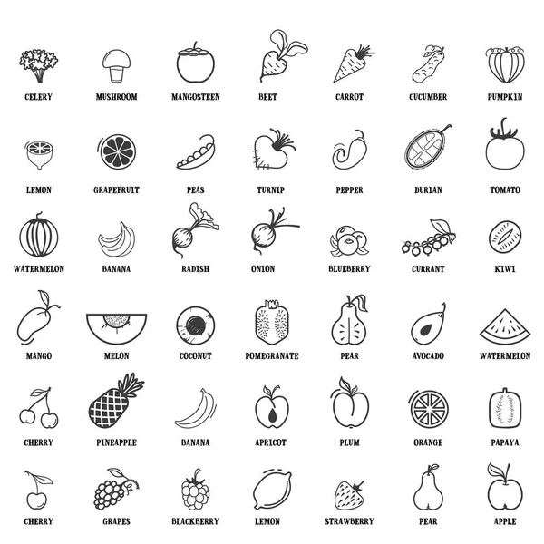Fruits et légumes, ensemble végétarien, icônes vectorielles isolées . — Image vectorielle