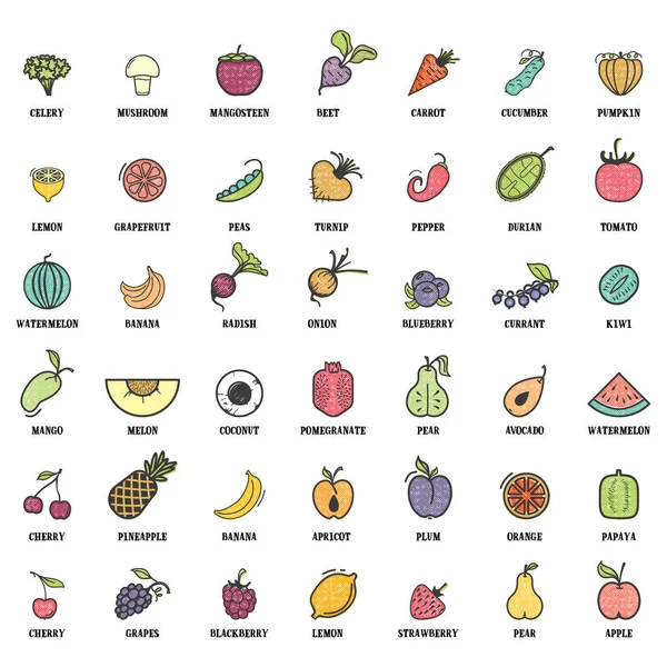 Frutas y verduras, conjunto vegetariano, iconos vectoriales de color aislados de verano . — Archivo Imágenes Vectoriales