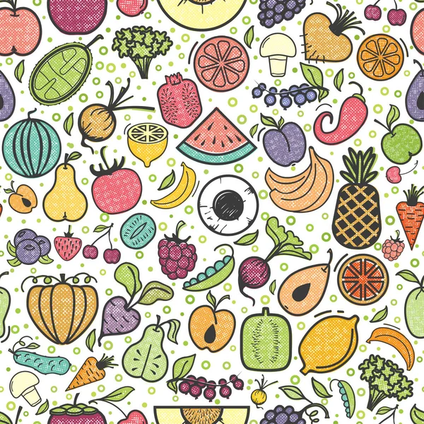 Фрукты и овощи бесшовный узор, вегетарианский набор, летом изолированные цветные векторные иконы . — стоковый вектор