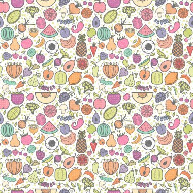 Meyve ve sebze seamless modeli, Vejetaryen seti, izole yaz renkli vektör simgeleri.