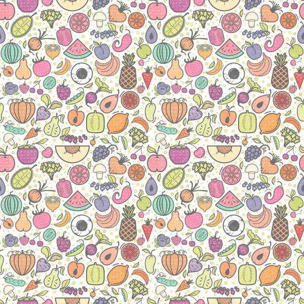 Patrón sin costura de frutas y verduras, conjunto vegetariano, iconos vectoriales de color aislados de verano . — Archivo Imágenes Vectoriales