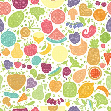 Meyve ve sebze seamless modeli, Vejetaryen seti, izole yaz renkli vektör simgeleri.