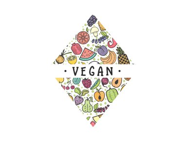 Meyve ve sebze, afiş vegan, renkli vektör simgeleri izole.