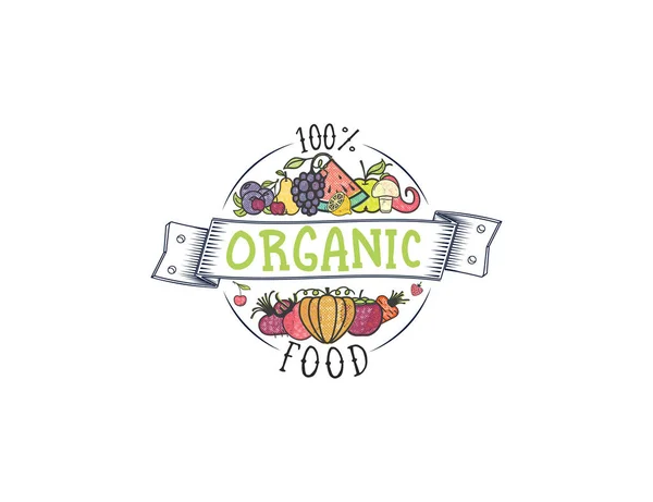 100% orgánico. Frutas y verduras, pancarta vegetariana, iconos vectoriales de color aislados de verano . — Archivo Imágenes Vectoriales