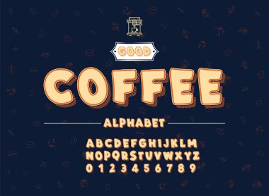 Latin alfabesi. Sevimli çizgi 3d tarzda kahve yazı tipi.