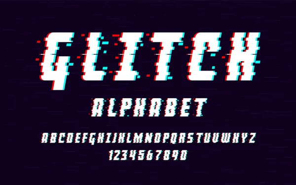 Lateinisches Alphabet. Trendschrift 2018 verzerrte Glitch-Schrift. Vektor-Illustration von Buchstaben und Zahlen. — Stockvektor