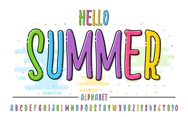 Λατινική χρώμα αλφάβητο. Γεια σας καλοκαίρι γραμματοσειρά σε στυλ επίπεδη χαριτωμένα κινούμενα σχέδια. — Διανυσματικό Αρχείο