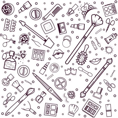 Makyaj seamless modeli. Çizimler farklı kozmetik. Ruj ve pomad, fırçalar için glamour kadar olun. Vektör arka plan