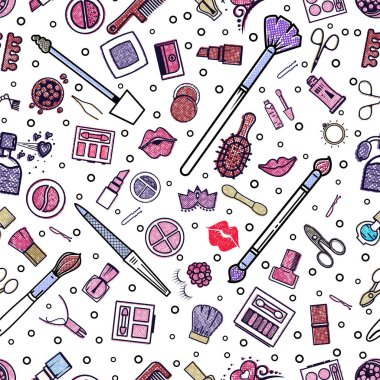 Makyaj seamless modeli. Çizimler farklı kozmetik. Ruj ve pomad, fırçalar için glamour kadar olun. Vektör arka plan