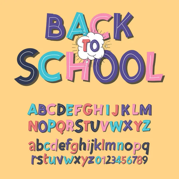 Alfabet Latin - lencana kembali ke sekolah. Trend font 2018 Warna dalam gaya flat kartun lucu . - Stok Vektor