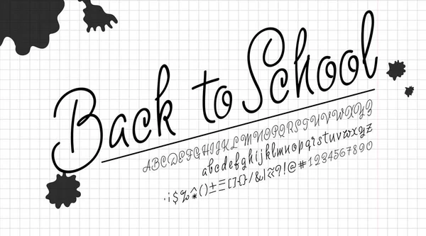 Latin alphabet ink - badge Back to School (dalam bahasa Inggris). Trend font 2018 Warna dalam gaya flat kartun lucu . - Stok Vektor