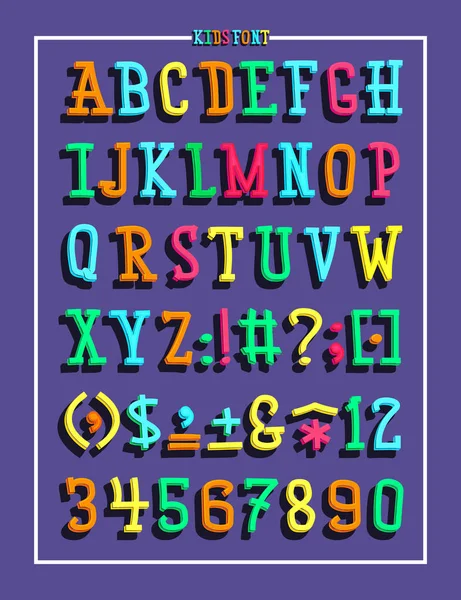 Childrens lettertype in de schattige cartoon-stijl. Set van veelkleurige heldere brieven voor inscripties. Vectorillustratie van een alfabet. — Stockvector