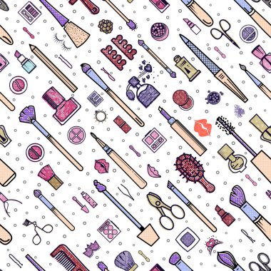 Makyaj seamless modeli. Çizimler farklı kozmetik. Ruj ve pomad, fırçalar için glamour kadar olun. Vektör arka plan