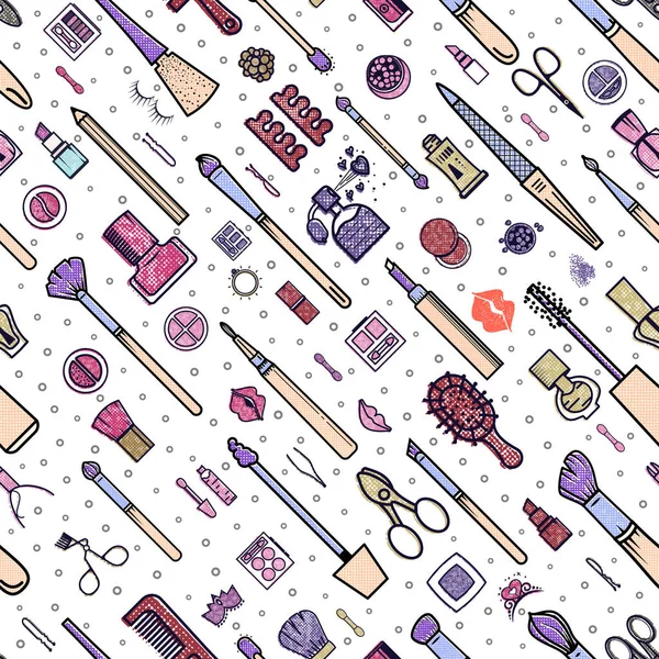 Makyaj seamless modeli. Çizimler farklı kozmetik. Ruj ve pomad, fırçalar için glamour kadar olun. Vektör arka plan