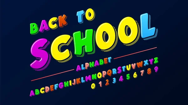 Latinská abeceda - odznak zpět do školy. Barva písma trendu 2018 v roztomilý kreslený plochý. — Stockový vektor