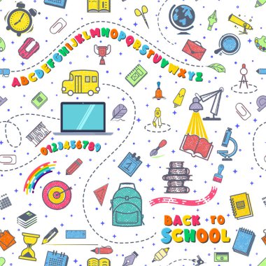 Eğitim Dikişsiz desen kavramı. Elle çizilmiş okul malzemeleri ile Okul arka plan. Alfabe ve numaralar. Renkli harfler yazı okula dönüş.