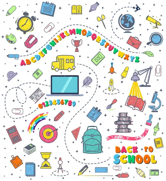 Concept of education. School background with hand drawn school supplies. Alphabet and numbers. Back to School lettering colored letters. — Stock Vector