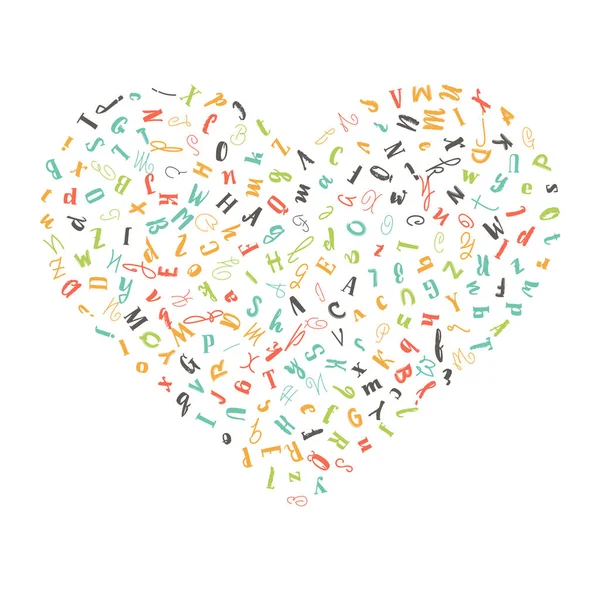 Vector pattern heart with letters of the alphabet in random order on a white background. Suitable for web backgrounds, textiles and wrapping paper. — Stock Vector