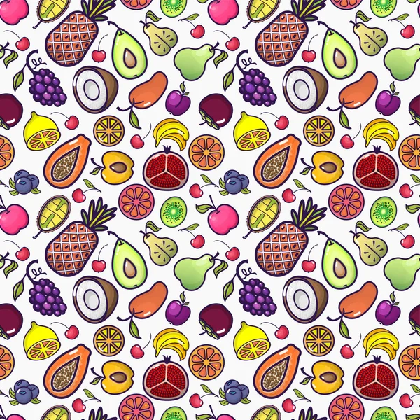 Fondo sin costuras con varias frutas tropicales en blanco. Patrón de fruta vectorial . — Archivo Imágenes Vectoriales