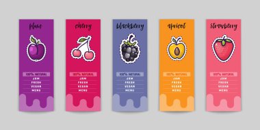 Ambalaj tasarım, yaz ve sonbahar, meyve ve çilek böğürtlen, Erik, kiraz, çilek, kayısı reçel. Ve gibi öğeleri web sitesi ve blog için kullanabilirsiniz. Renkli rozetleri
