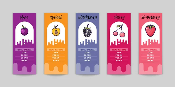 Jam packing design, for summer and autumn, fruits and berries of blackberries, plums, cherries, strawberries, apricots. And as you can use as web elements for the site and blog. — Stock Vector