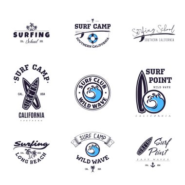 Yazdırma için dalga köpüğü kümesi. Vahşi wave logosu, sörf noktası etiket, panoları okul sörf için unsurları.
