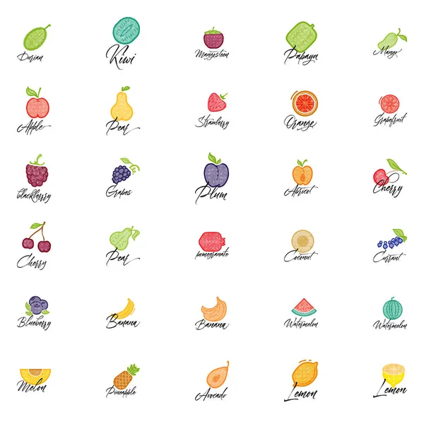 Frutta e verdura, set vegetariano, icone vettoriali di colore isolate estive . — Vettoriale Stock