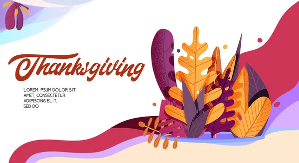 Handritad Happy Thanksgiving typografi affisch. Fira text med blad för vykort, ikon eller bricka. Vektor kalligrafi bokstäver semester citat — Stock vektor