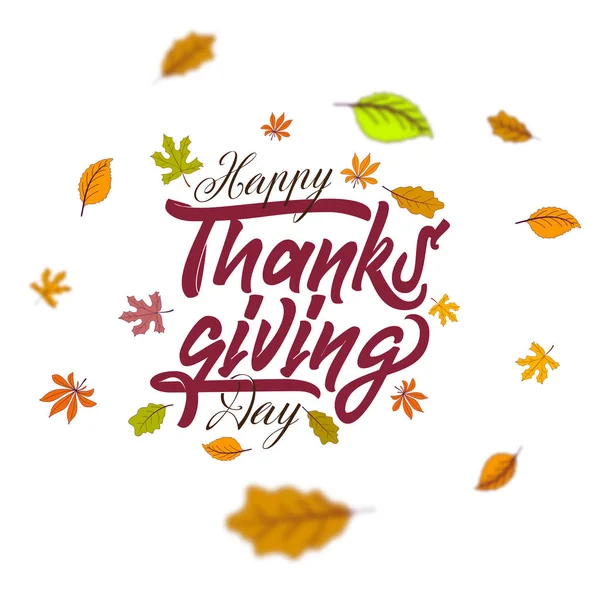 Met de hand getekend Happy Thanksgiving typografie poster. Feesttekst met blaadjes voor ansichtkaart, icoon of badge. Vector kalligrafie belettering vakantie offerte — Stockvector