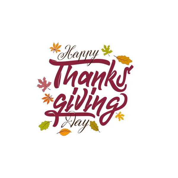 Met de hand getekend Happy Thanksgiving typografie poster. Feesttekst met blaadjes voor ansichtkaart, icoon of badge. Vector kalligrafie belettering vakantie offerte — Stockvector