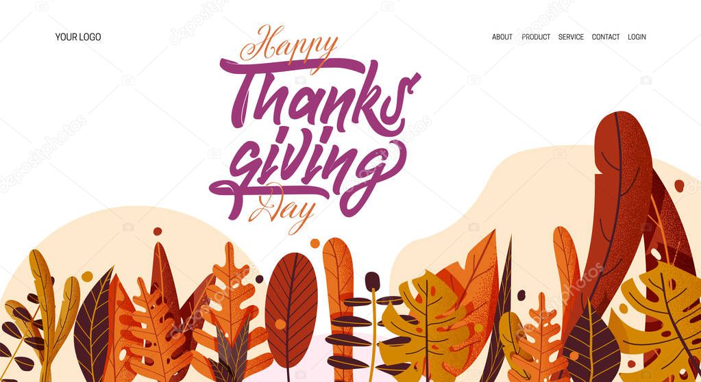 Hand drawn Happy Thanksgiving typography banner for landing page. Celebration text with leaves for postcard, icon or badge. Vector calligraphy lettering holiday quote