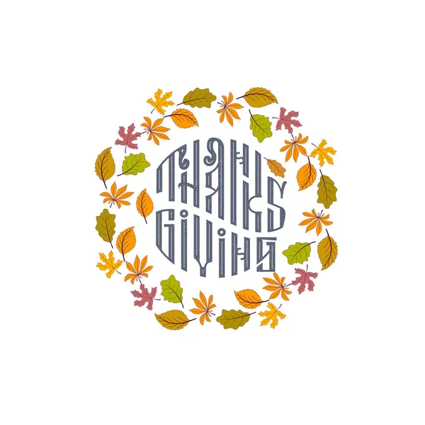 Handritad Happy Thanksgiving typografi affisch. Fira text med blad för vykort, ikon eller bricka. Vektor kalligrafi bokstäver semester citat — Stock vektor