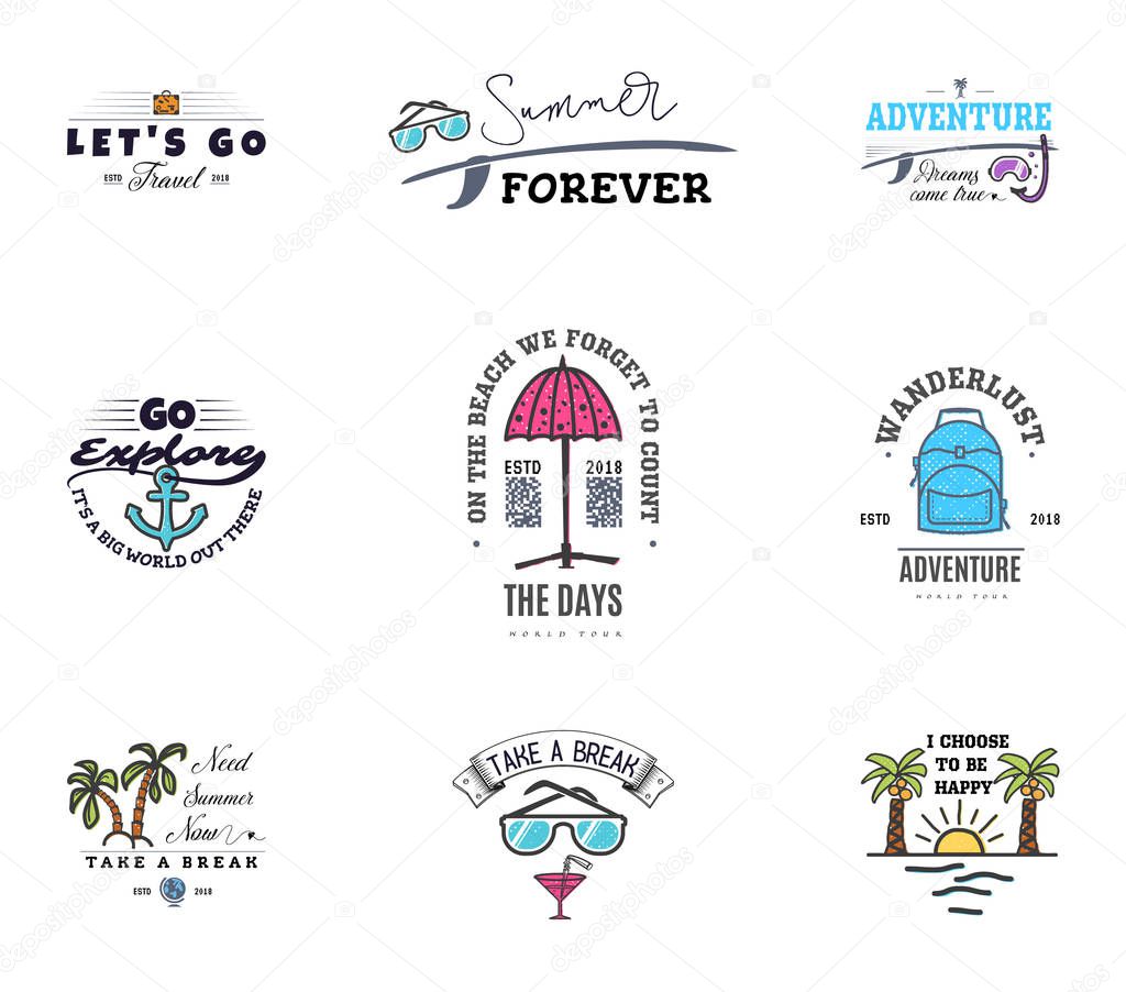 Colorful stickers, with adventure quotes, tourism, for blogs, social networks, sites, vector isolated on white background
