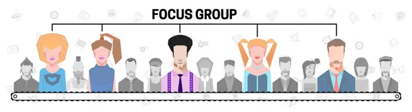 Flat people group inside magnifier diagram vector illustration. Marketing social focus group 3d isometry concept. — Stock Vector