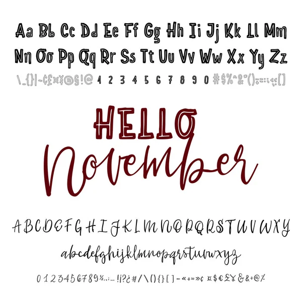 Hallo Novemberwort. Handgezeichnete Schrift, isoliert auf weiß gesetzt. Vektor-Logo-Schrift. Typografie-Alphabet für Ihre Entwürfe: Logo, Schrift, Karte, Hochzeitseinladung. — Stockvektor