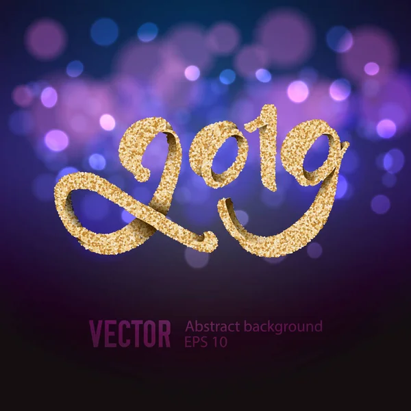 2019 festliche Inschrift in Gold auf dem Hintergrund mit Bokeh. Vektorillustration — Stockvektor