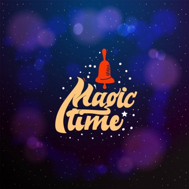 sihir zamanı tipografik amblemi. Vektör logo el yapımı yazı ve hat sanatı hocası, metin tasarım. Afiş, tebrik kartları, hediyeler vb için kullanılabilir.