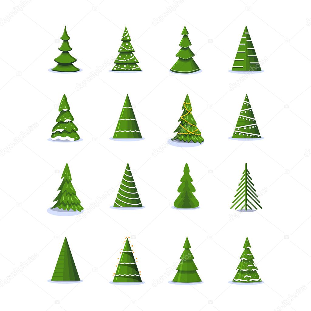 Christmas tree in different styles. Vector set of stylized illustration.flat style icons collection for holiday xmas and new year. on a white background