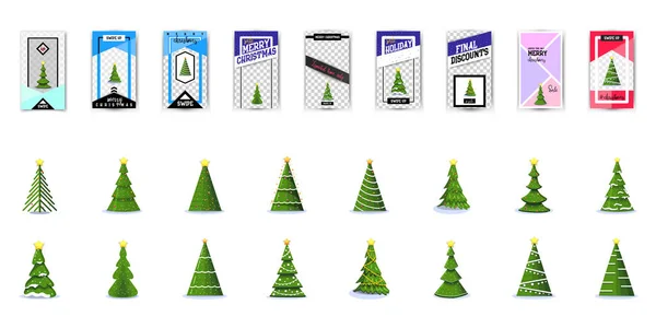 Koncept vánoční stromy moderní ploché styl s dekoracemi i bez hračky. Sociální sítě příběh šablona pro Vánoce a nový rok — Stockový vektor