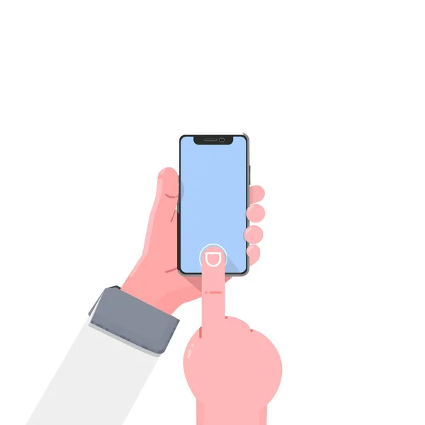 Mano de Smartphone. Moderna ilustración plana con mano de smartphone sobre fondo blanco. Teléfono móvil. Icono de Smartphone vector ilustración . — Vector de stock