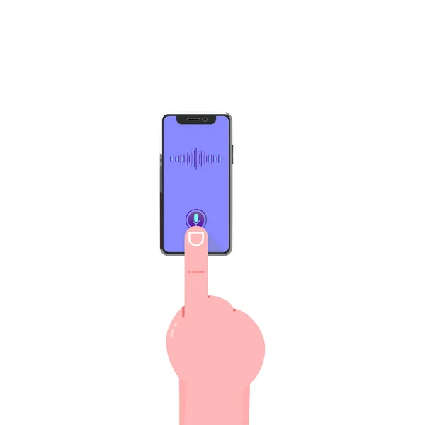 Смартфон ручной голосовой помощник. Современная плоская иллюстрация с рукой смартфона на белом фоне. Мобильный телефон. Векторная иллюстрация значков смартфона . — стоковый вектор
