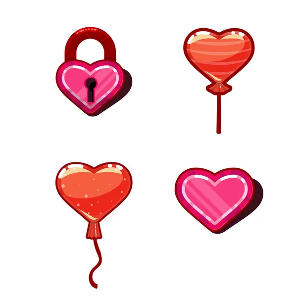 The concept of the heart of the game design - lock, candy, balloon. 3d heart game icon — Stock Vector