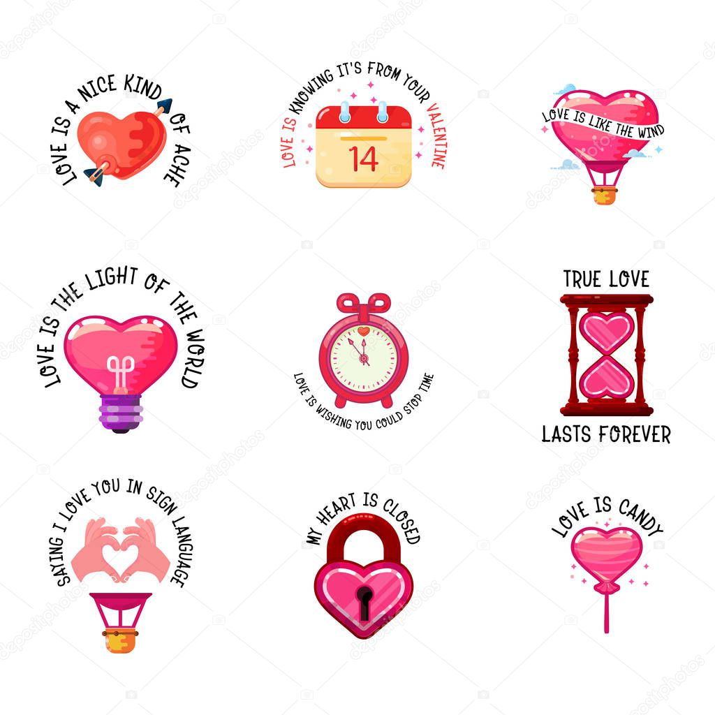 love slogans and icons Valentine day, double exposure, modern flat design style.