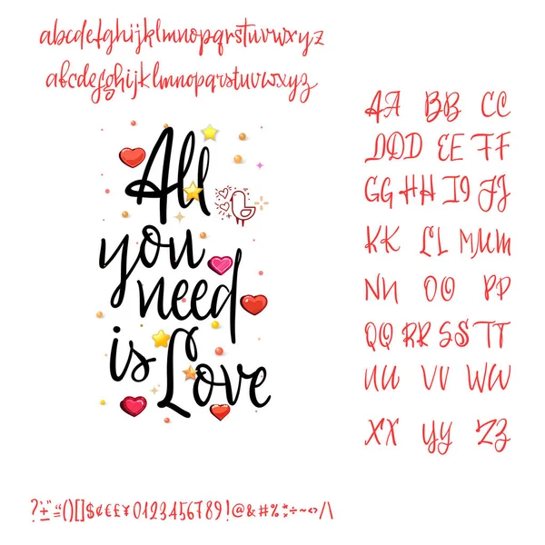 Todo lo que necesitas es amor. Moderna caligrafía Vintage vector escrito a mano fuente para letras . — Archivo Imágenes Vectoriales