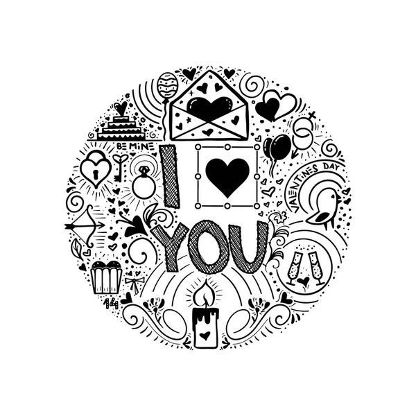 Je t'aime. Doodle slogan pour un intérieur de t-shirt ou d'affiche, monochrome . — Image vectorielle