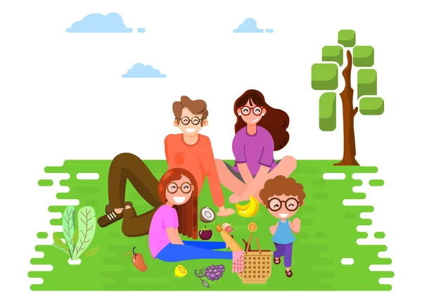 Glückliche Familie im Park bei einem Picknick. Vektor flachen Stil Illustration. — Stockvektor