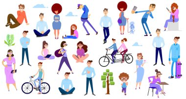 Crowd of tiny people on summer holiday, outdoor activities.