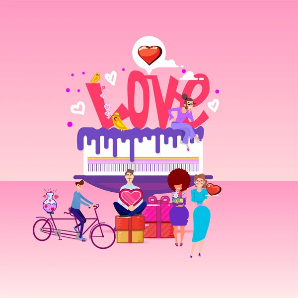 Love inscription on a big cake and tiny people around. pink romantic template. flat design style vector graphic illustration various people set. — Stockový vektor
