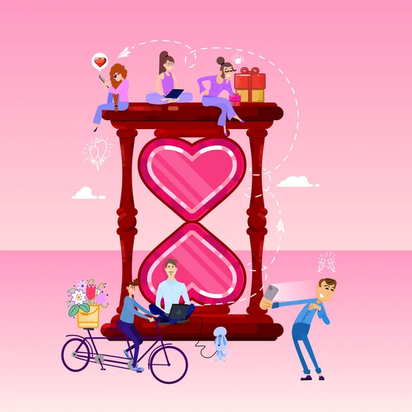 Velké hodiny sklo ve tvaru, jako je srdce a drobné lidi kolem. růžová romantická šablona. plochý design styl vektorové grafické ilustrace různých lidí. — Stockový vektor
